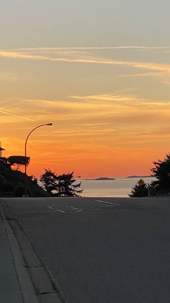 A sunset view from a road with a street lamp and trees on the side.