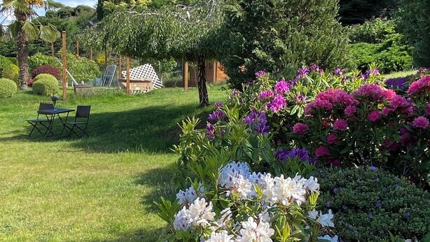 Hyvin hoidettu puutarha, jossa on monenlaisia kukkivia kasveja ja oleskelualue.