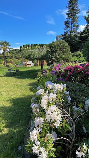 En velplejet have med forskellige blomstrende planter og et siddeområde.