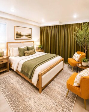 A modern bedroom with a large bed, bedside tables, a nightstand, a chair, a potted plant, and a painting on the wall. - Modern City Getaway Near Downtown Newark & NYC (Newark)