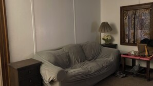 Ein Zimmer mit grauem Sofa, einem kleinen Tisch mit Lampe, einem Spiegel und einem Fenster mit gemusterten Vorhängen.