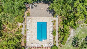 Vista aerea di una proprietà con piscina circondata da lettini e area patio.