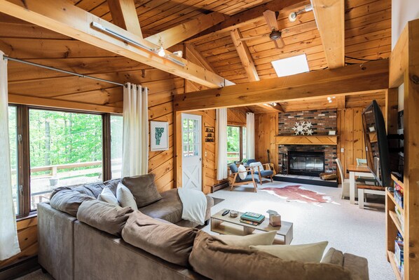 Smart TV, fireplace, books