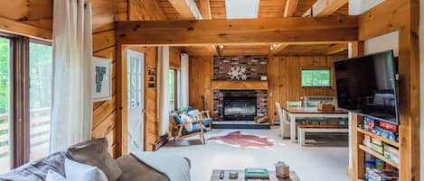 Smart TV, fireplace, books