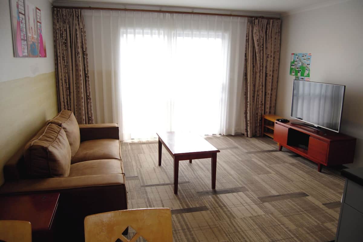A living room with a sofa, a coffee table, a TV on a stand, and a large window with curtains.