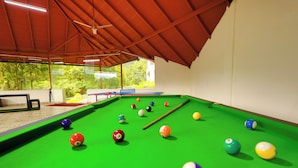 A pool table with balls in various colors, a ceiling fan, and a view of greenery outside.