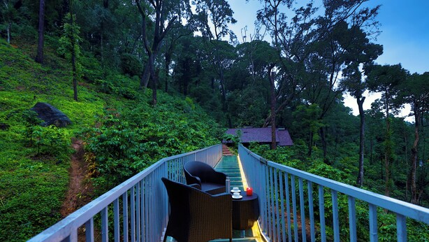 A glass bridge with wicker furniture and a table, surrounded by lush greenery and trees.