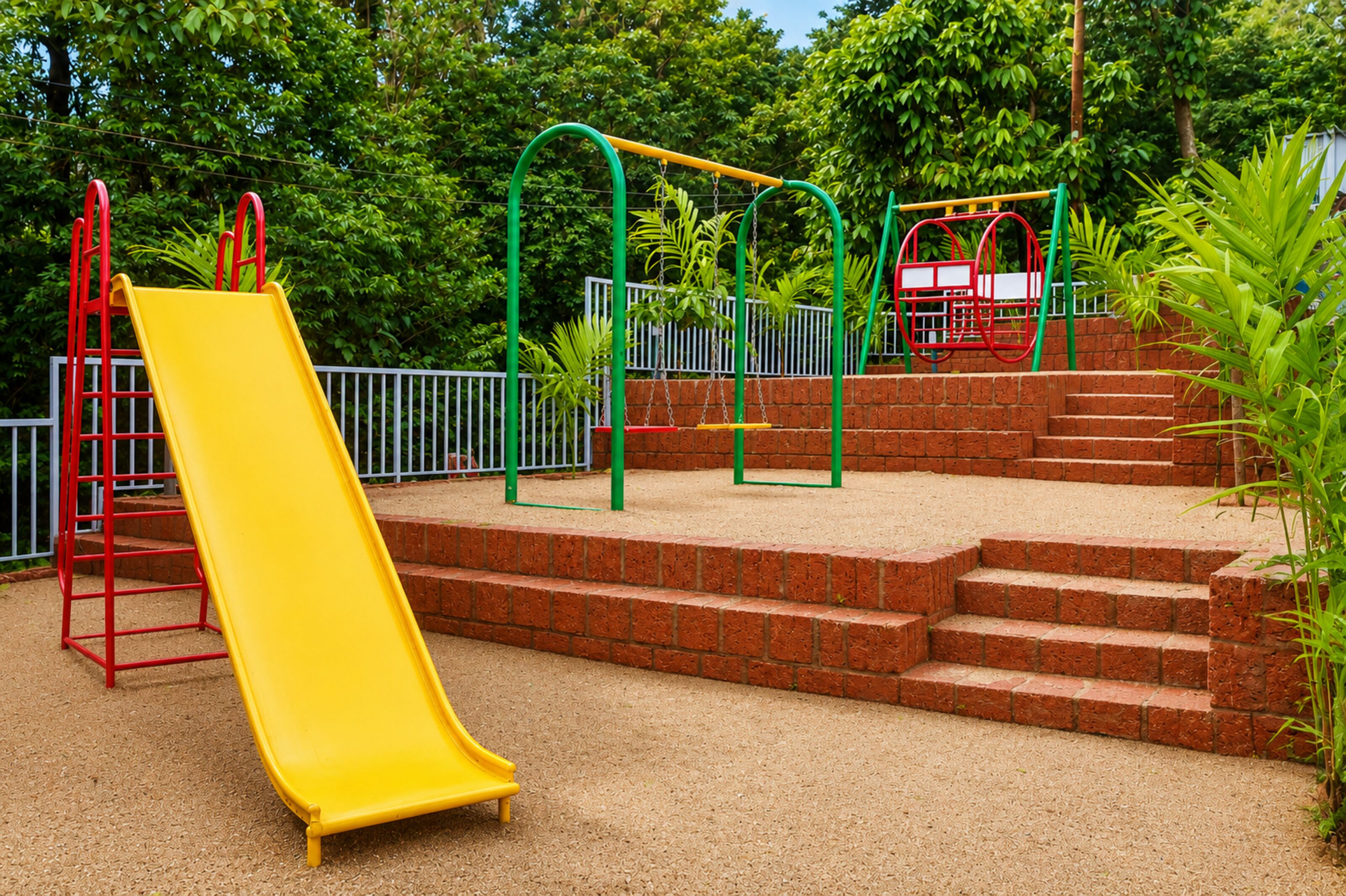 A playground with a yellow slide, green climbing structures, and brick steps.