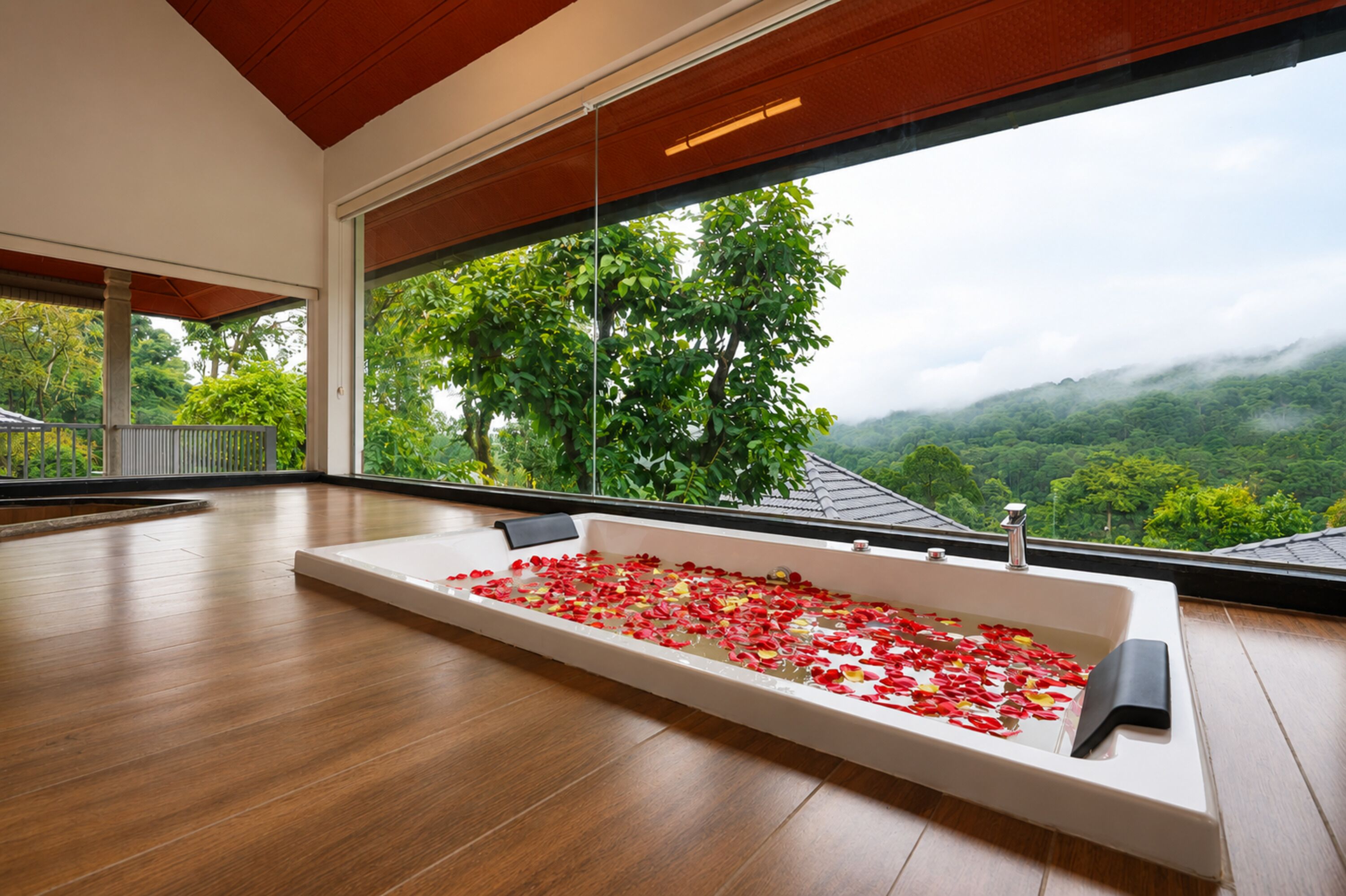 Una habitación amplia con un gran ventanal que da a un paisaje exuberante.
