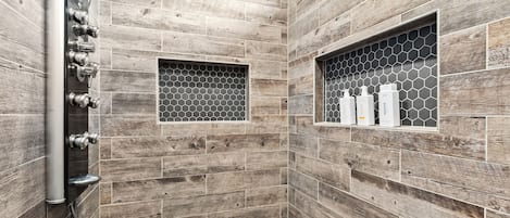 Shower, jetted tub, hair dryer, towels