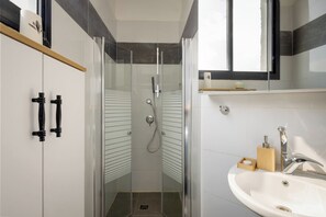 A modern bathroom with a glass-enclosed shower, a white sink, and a mirror above the sink.