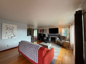 Smart TV, fireplace, books, music library