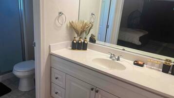 Hair dryer, towels, soap, toilet paper