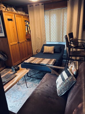 Smart TV, fireplace, books