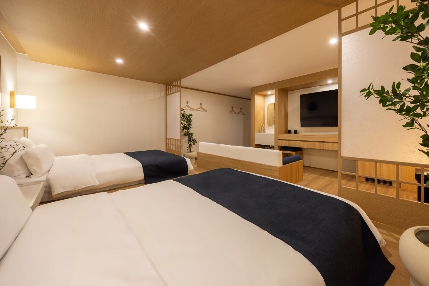 A hotel room with two beds, a TV, a desk, and a plant.