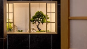 Una ventana con un bonsai, rocas y musgo.