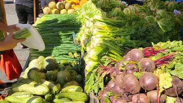 A market stall with various vegetables like cucumbers, beets, and leafy greens.