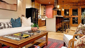Een gezellige woonkamer met een houten plafond, een zwarte koelkast, en een eethoek met houten stoelen en een bar.