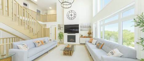 Smart TV, fireplace, video games, foosball