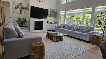 Smart TV, fireplace, video games, foosball