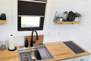 Fridge, microwave, stovetop, coffee/tea maker - Moonbase Tiny Home - Titan (Merrill)