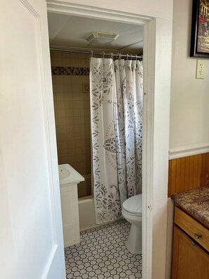 Hair dryer, towels, soap, shampoo