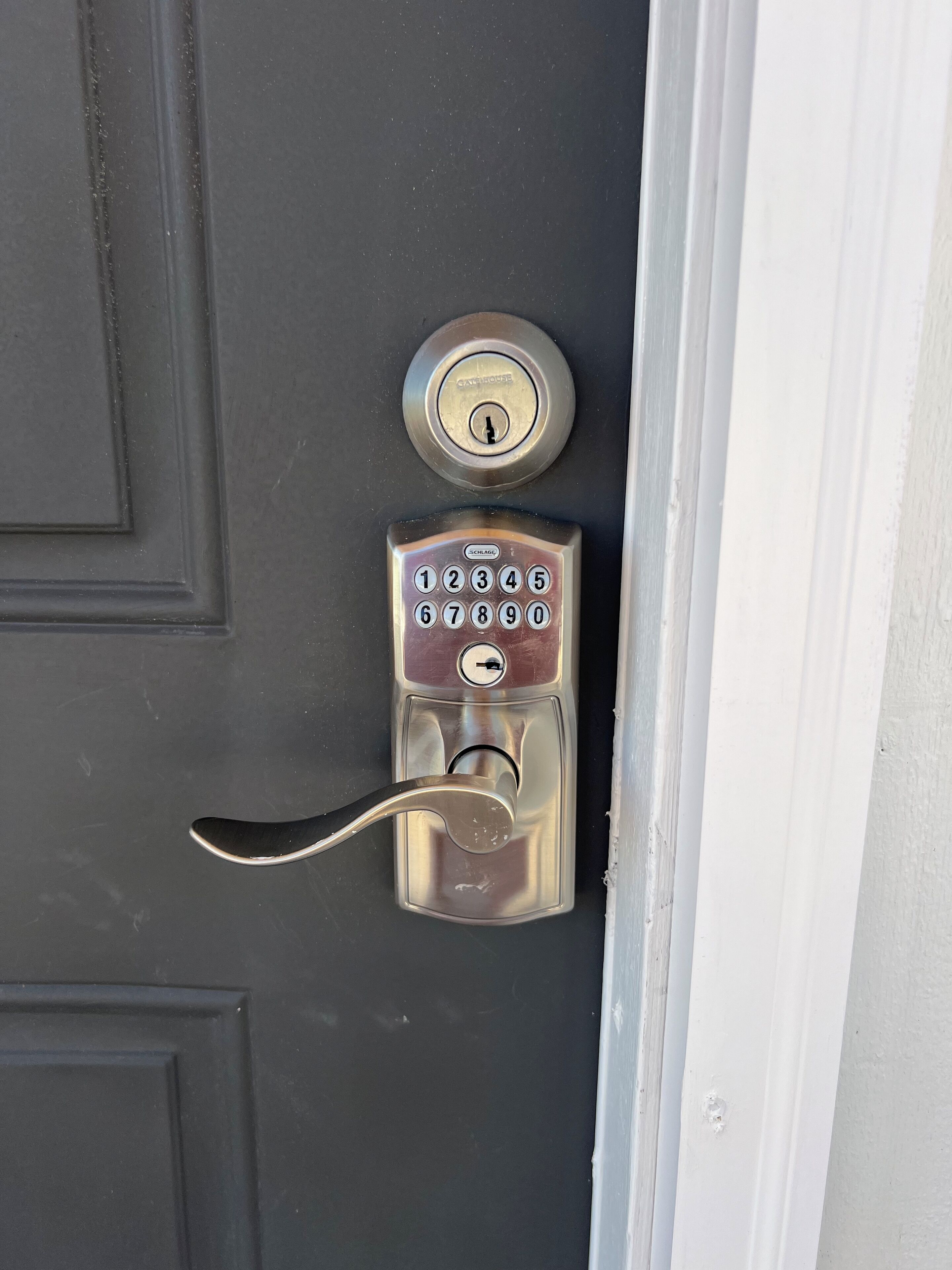 A door with a numeric keypad lock and a keyhole.