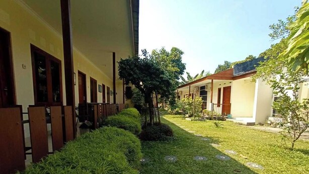 Un patio con setos bien cuidados, un árbol en el centro y un sendero que lleva a un edificio con varias puertas.