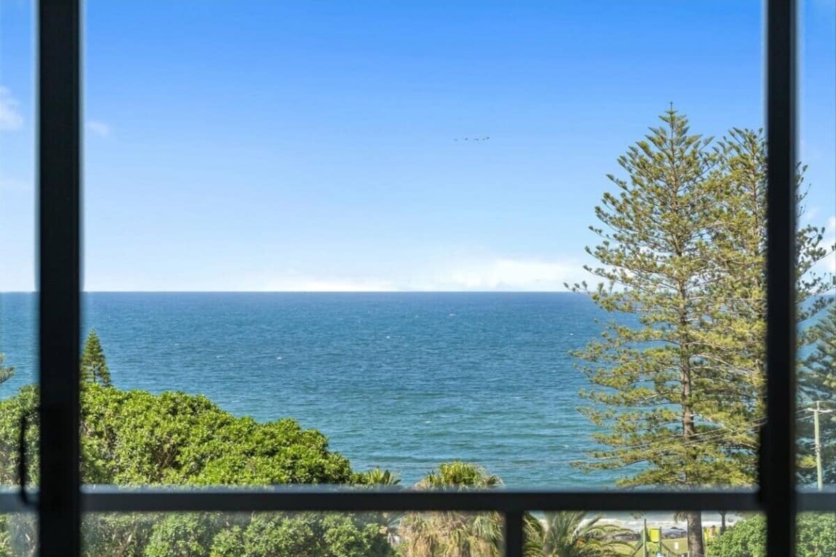 Vista a través de una ventana de una zona costera con cielo despejado, un cuerpo de agua y un árbol.