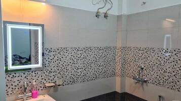 Shower, hair dryer, bidet, towels