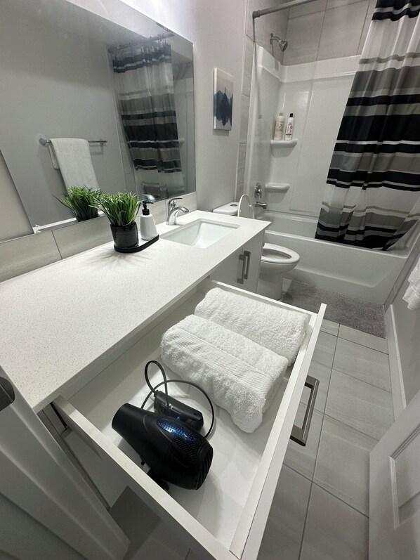 Hair dryer, towels, soap, shampoo