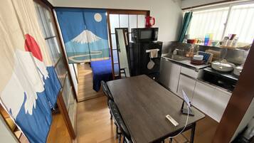 Fridge, microwave, stovetop, electric kettle