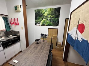 Fridge, microwave, stovetop, electric kettle