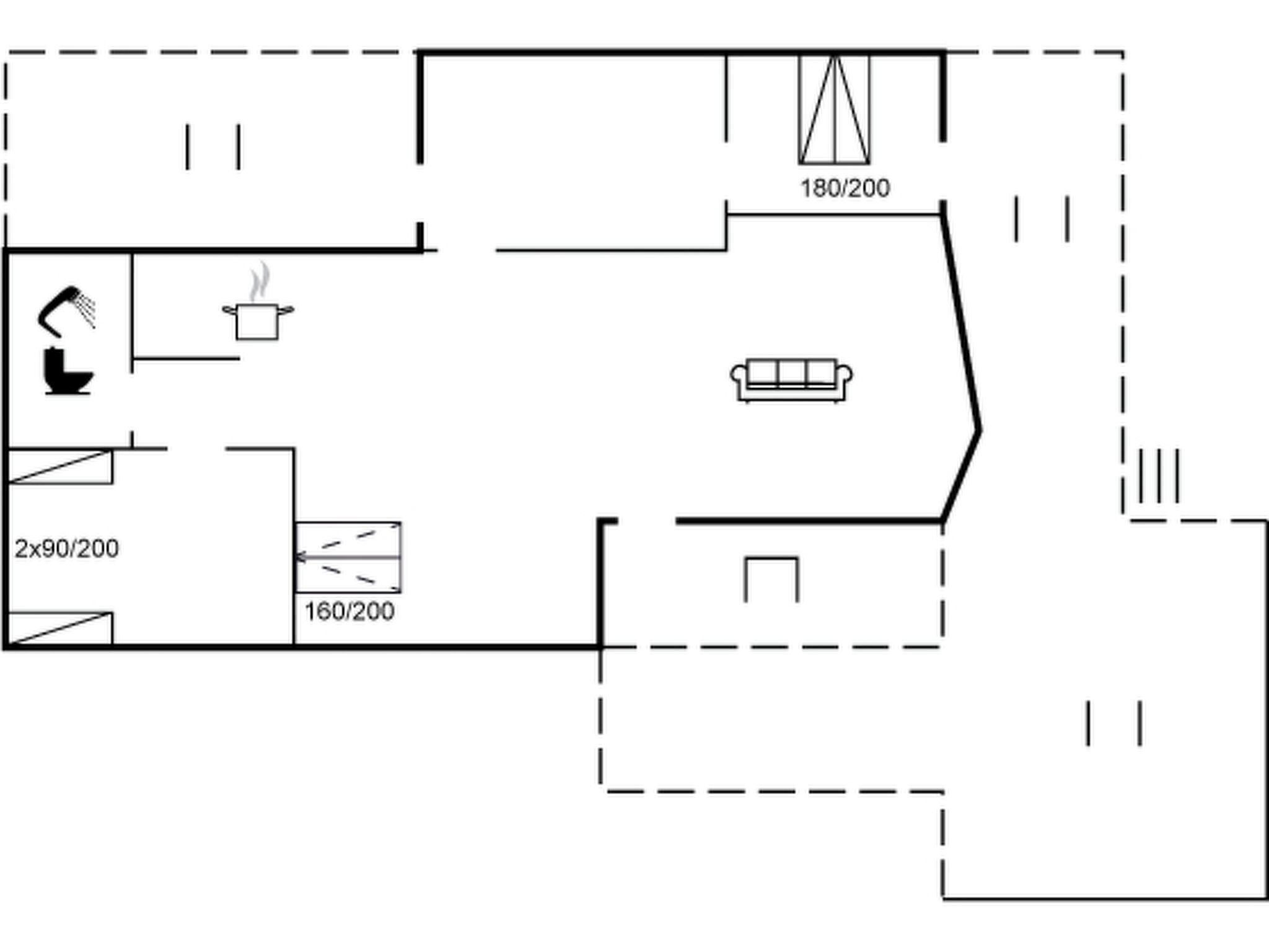 Ein Grundriss mit einer Küchenzeile, einem Essbereich und einem Wohnzimmer mit einer Couch.