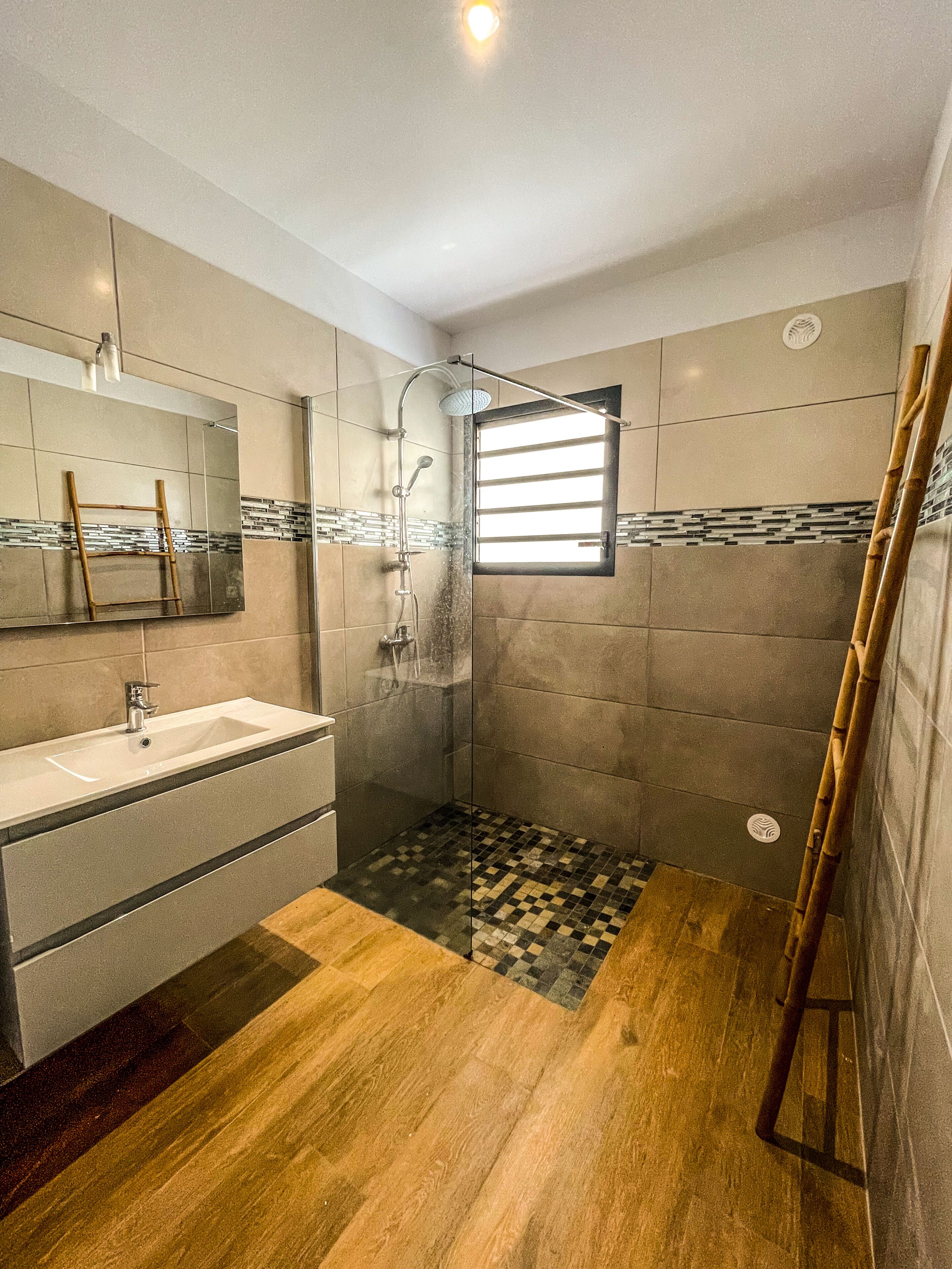 Hair dryer, towels, soap, toilet paper