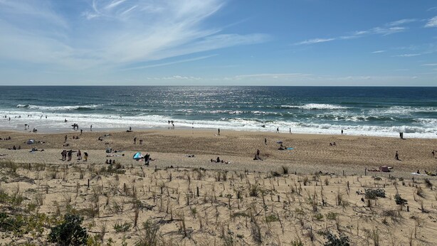 A beach with people and tents, and a clear sky.