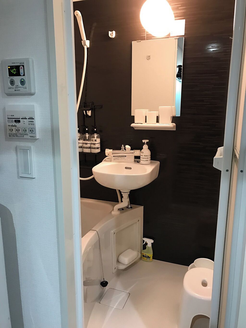 Hair dryer, bidet, towels, soap