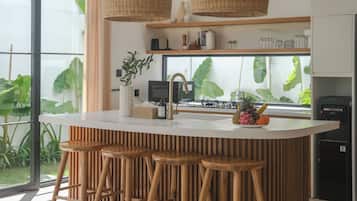 Design Villa | Private kitchen | Fridge, microwave, stovetop, cookware/dishes/utensils