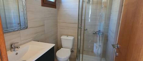 A bathroom with a glass-enclosed shower, a toilet, and a sink with a vanity.