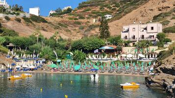 On the beach, sun loungers, beach umbrellas