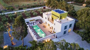 Una casa moderna de dos pisos con piscina, paneles solares y jardín.