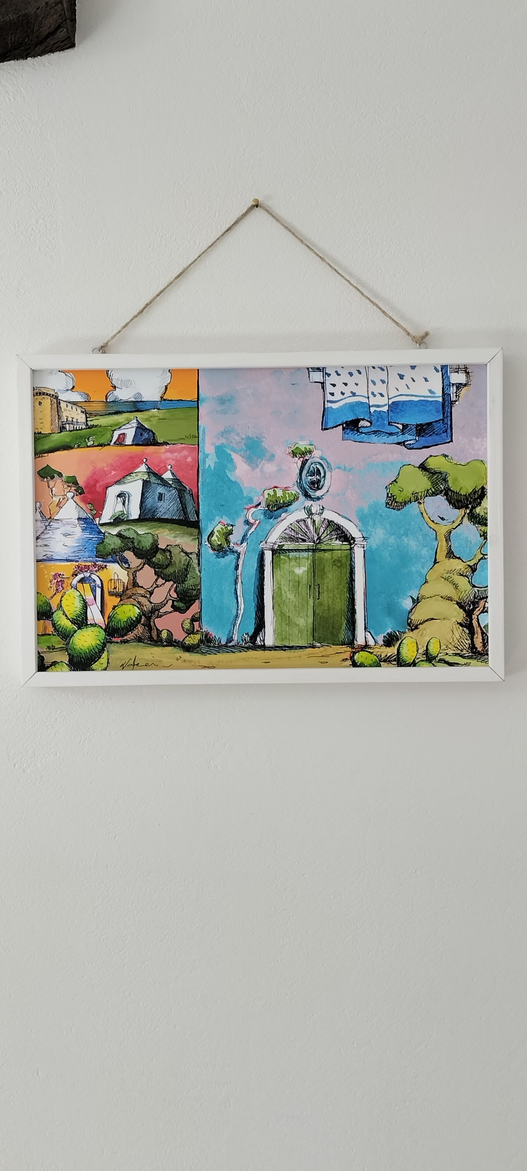 Un quadre colorit amb una casa, un arbre i un cel blau.