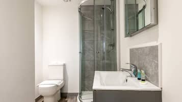 Shower, hair dryer, towels, shampoo