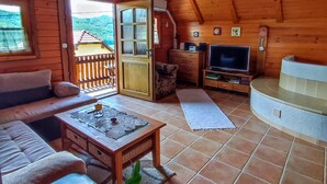 A cozy wooden cabin interior with a sofa, a coffee table, a TV, and a fireplace. - Vineyard cottage Kralj (Dolenjske Toplice)