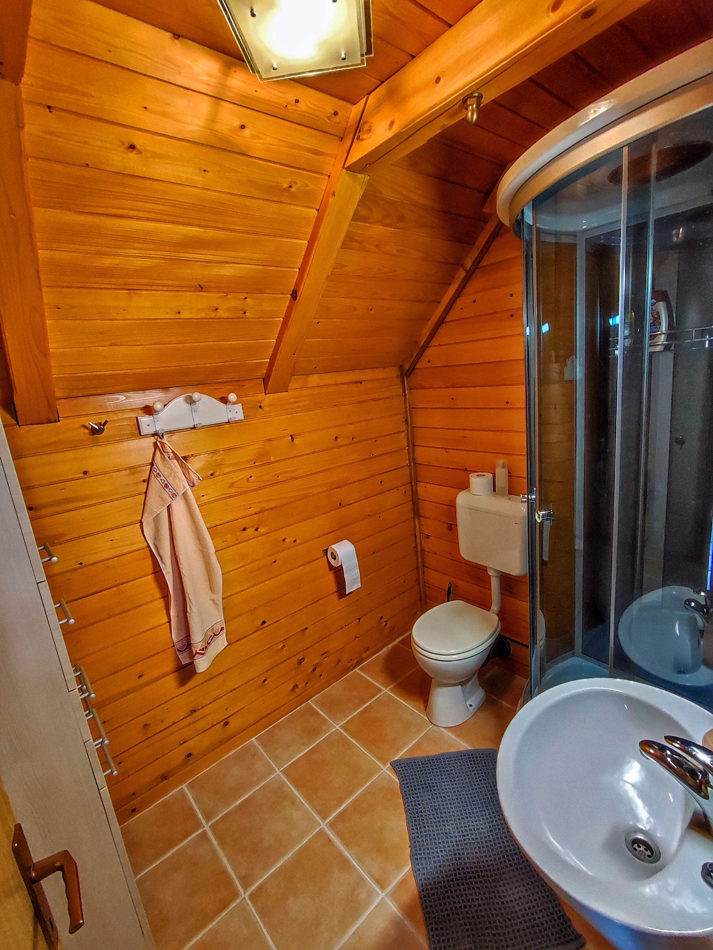 Une salle de bain aux murs lambrissés, équipée de toilettes, d’un lavabo et d’une douche à parois en verre.