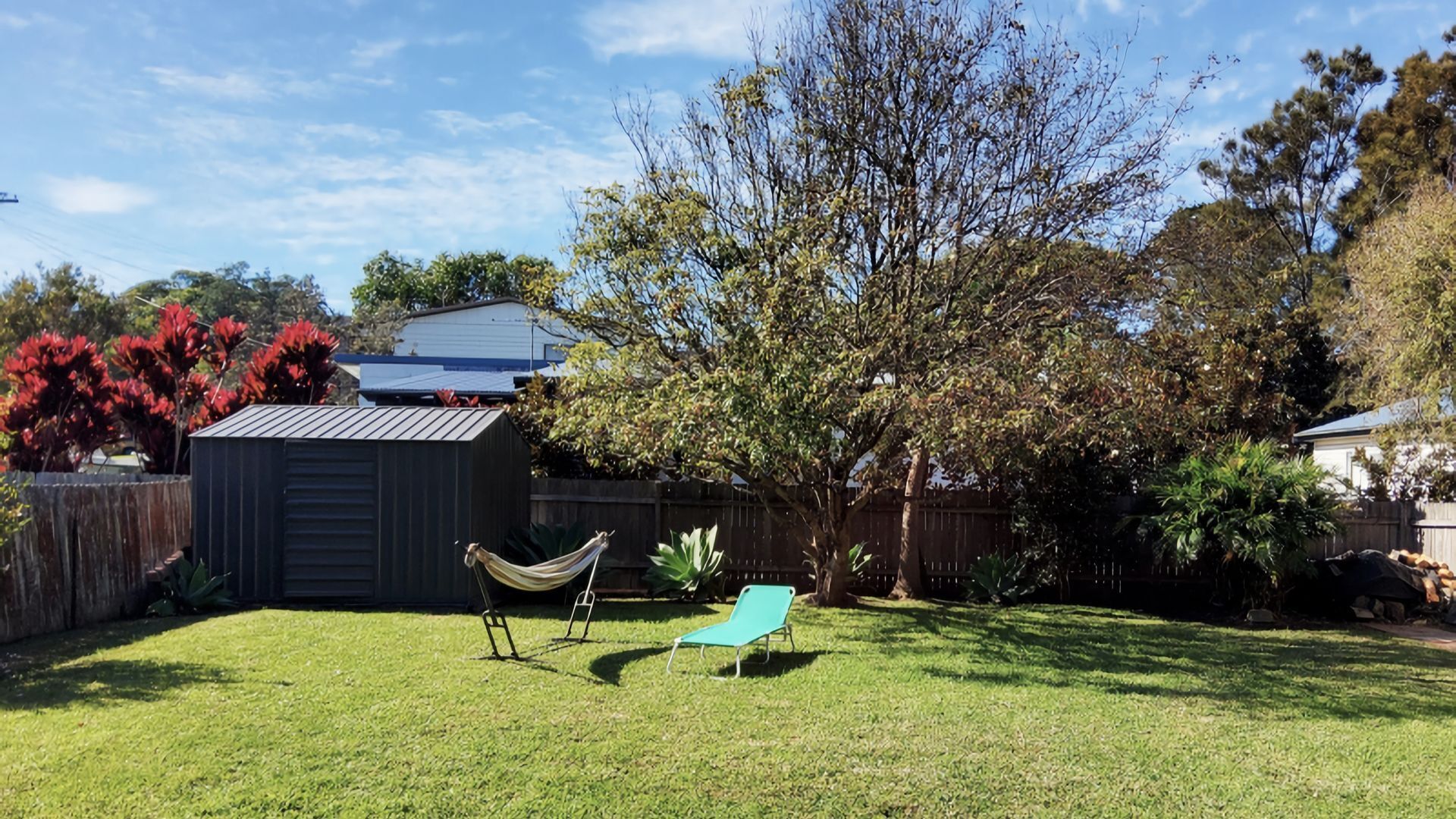 A backyard with a hammock, a lawn chair, a shed, and a tree.