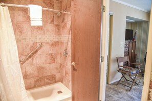 Hair dryer, towels, shampoo