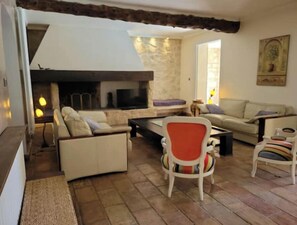 Smart TV, chimenea, reproductor de DVD, libros