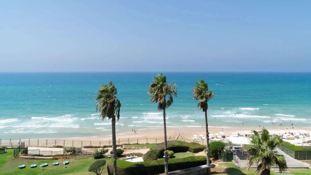 A beachfront hotel with a view of the ocean, palm trees, and a sandy beach. - Amazing Sea View Stylish 1BR | Safe Room on Floor (Herzliya)