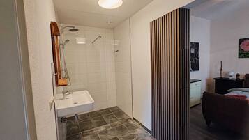 Un baño moderno con ducha, lavamanos y piso de madera.